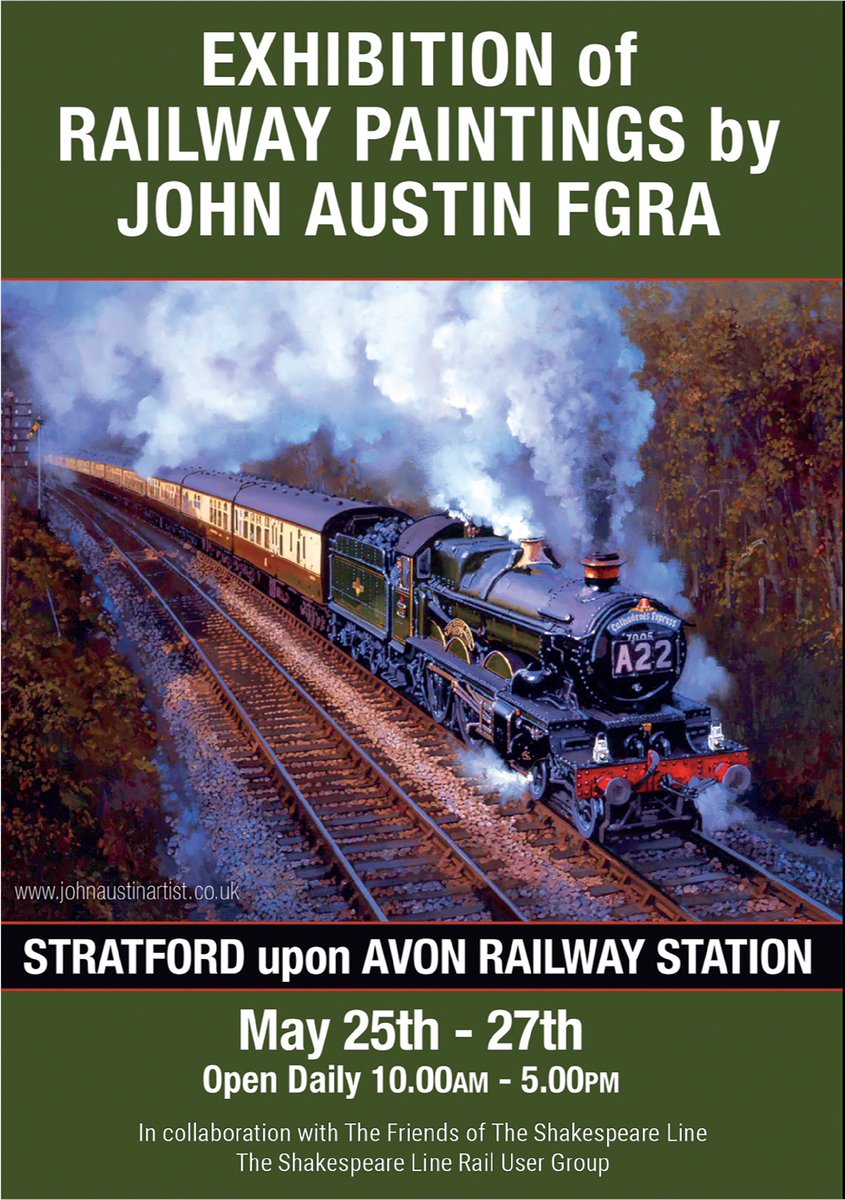Great that <a href="/FriendsSLine/">Friends of the Shakespeare Line</a>  are welcoming John Austin FGRA to #StratforduponAvon railway station over the late Spring Bank Holiday weekend (May 25 - 27) with an exhibition of his fabulous railway paintings. John will be on hand throughout &amp; prints &amp; commissions will be available.