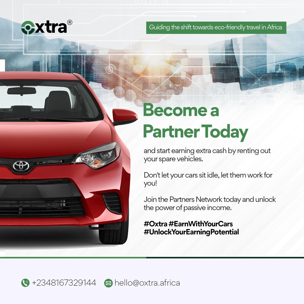 Become an Oxtra Partner today! 

Are you a car owner, whether electric, hybrid, or traditional? Own 2+ cars? 

Join the Partners Network and start earning TODAY 🚗💸 
 bit.ly/Becomeanoxtrap…

#Oxtra #EarnWithYourCars 
#electricvehicles #sustainabletransportation