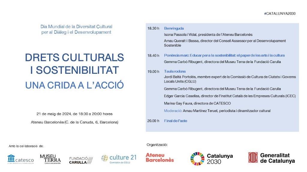 🤔No hi ha cap #ODS referent a cultura, però la cultura és clau per a imaginar futurs més sostenibles🌏 👉En parlarem a l'acte “Drets culturals i sostenibilitat, una crida a l’acció”, organitzat per @catsostenible i @ateneubcn en el marc de l’Aliança #Catalunya2030