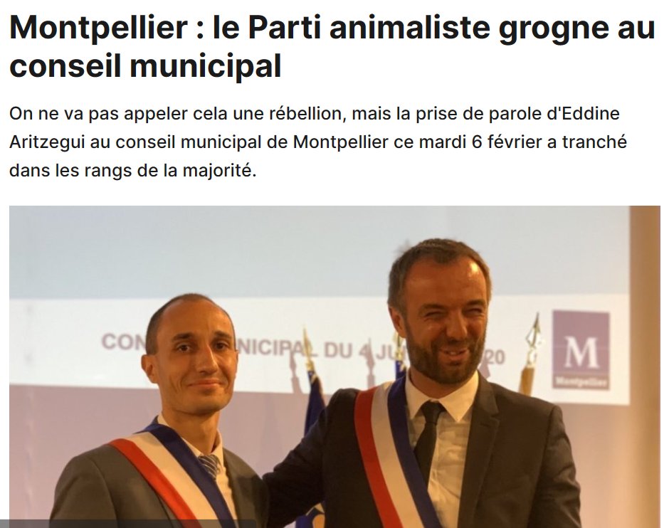 Par contre, par ex., @ArizteguiEddine, élu @PartiAnimaliste à @Montpellier_, est capable de dire non à sa majorité, quand elle agit contre les intérêts des animaux : les protocoles d'accord du PA prévoient une liberté de voter librement quand les animaux sont intéressés.