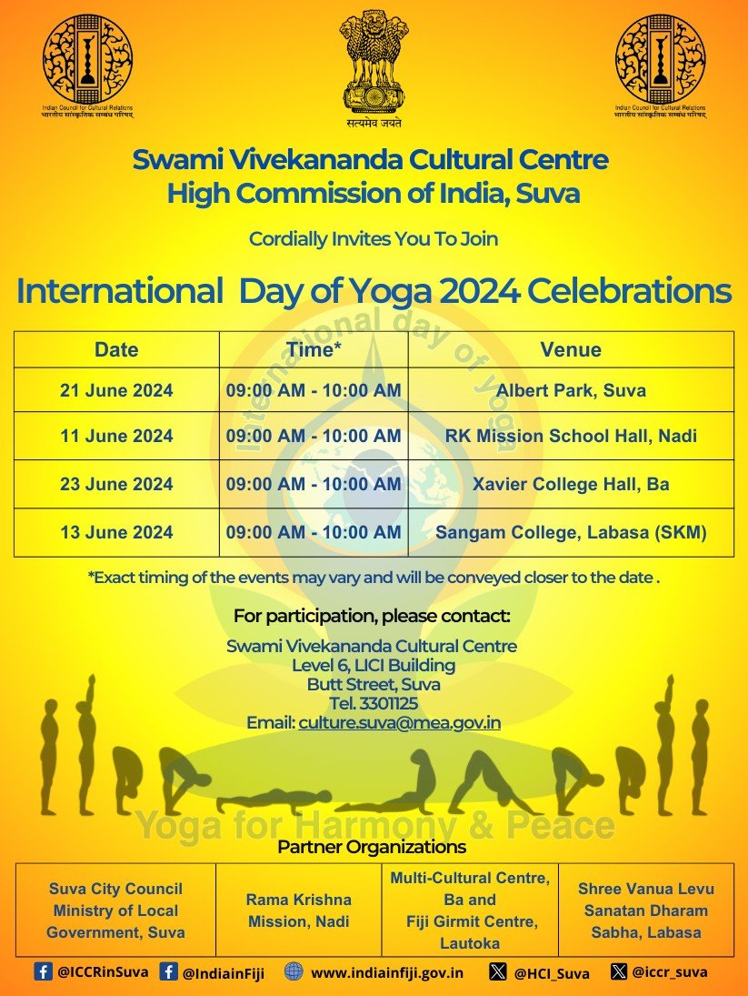 @iccr_suva and @HCI_Suva cordially invites you to International Day of Yoga 2024 celebrations at Albert Park Suva on Friday 21st June 2024.