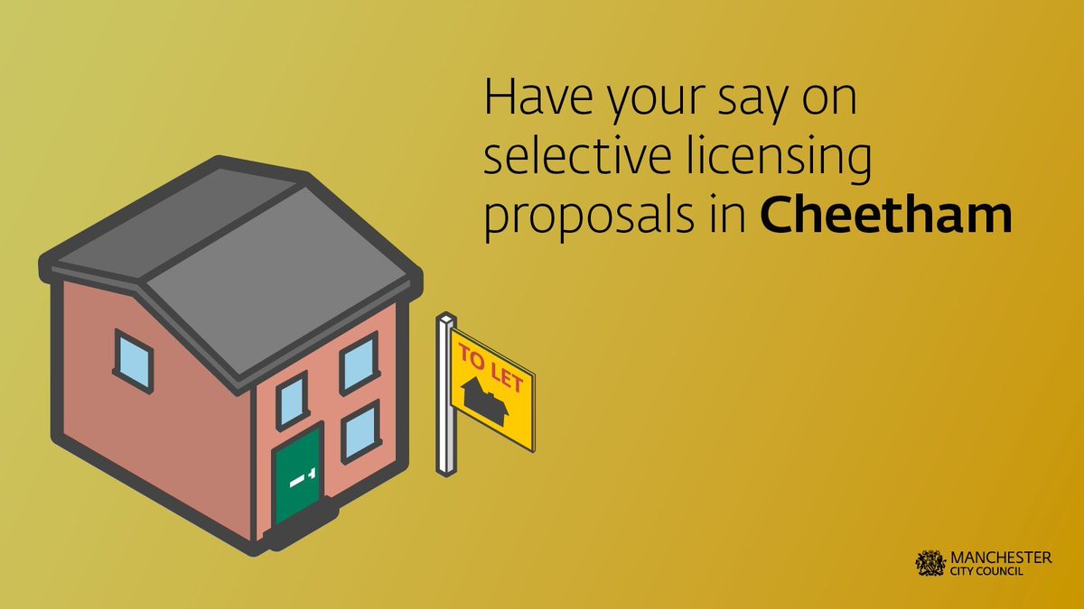 "The consultation on selective licensing proposals for parts of Cheetham is now live. 🏘️

The new scheme looks to improve housing management and neighbourhood issues.

To see if your area is covered and to have your say before 22 July visit manchester.gov.uk/consultations

#Cheetham