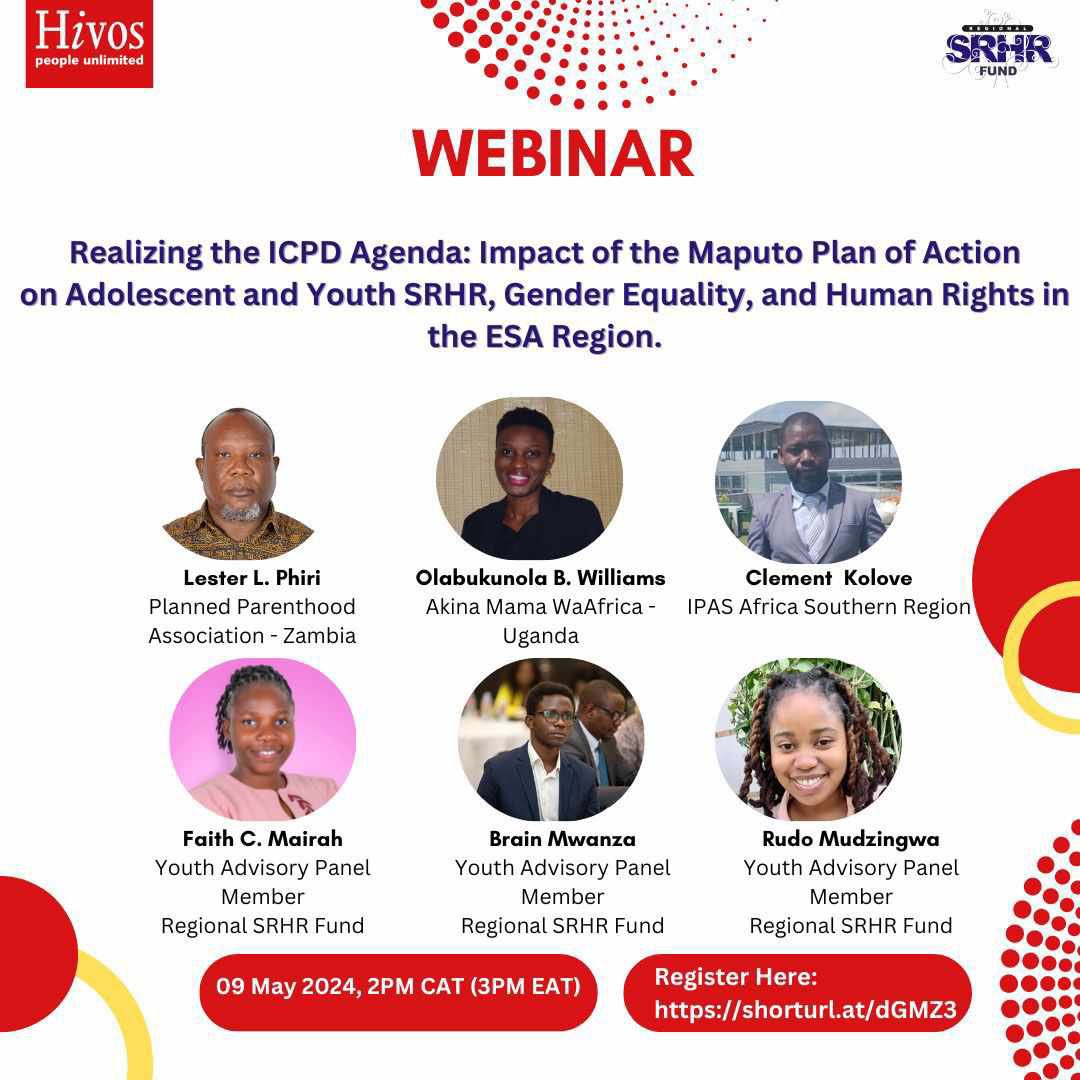 The regional SRHR Fund will be hosting an exciting webinar on realizing the #ICPD agenda. 📆: Today: 9 of May 2024 ⏰: 2pm CAT Register Here👉🏽shorturl.at/dGMZ3