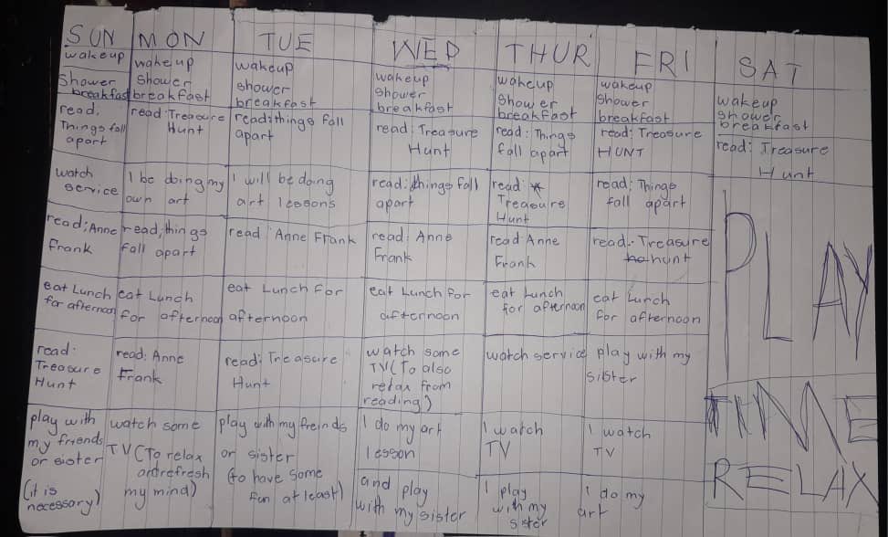 My daughter, 10yrs, has an amazing holiday timetable 😃😀. Ann Frank, Treasure Hunt and Things Fall Apart. Art, lots of playing etc 😅😅