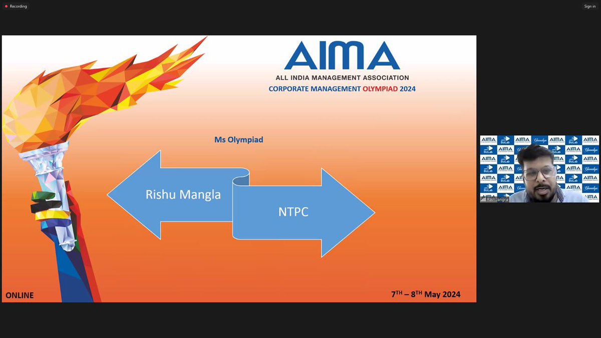 NTPC Emerges as Champion in AIMA’s Corporate Management Olympiad NTPC Limited secured the title of “Champion” in the 6th edition of AIMA’s Corporate Management Olympiad 2024, held online on 7-8 May 2024. The results were announced today (08.05.2024). Sh. Prem Chand,