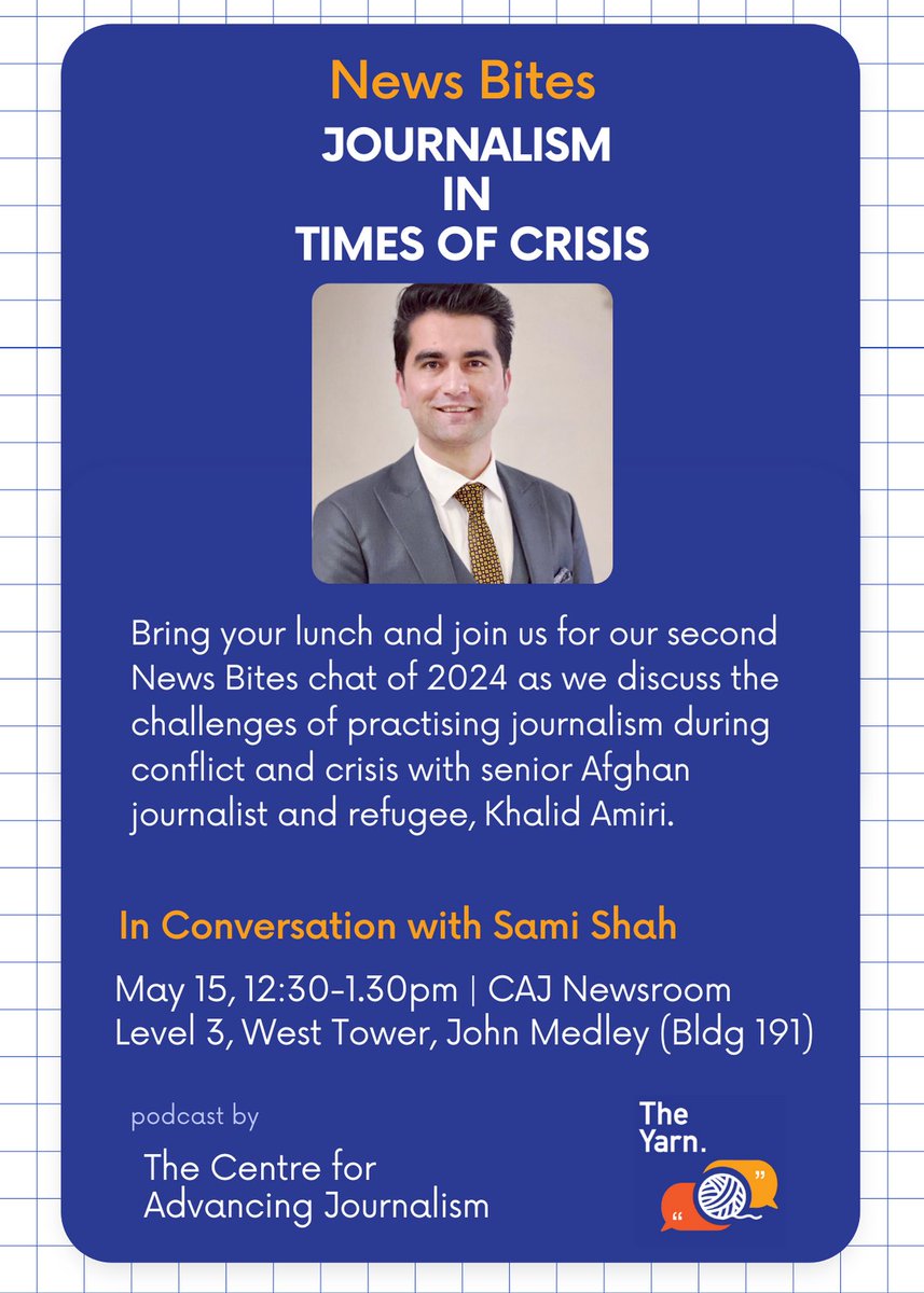 Join @samishah and @KhalidAmiri01 for another News Bites discussion on practising journalism during conflict and crisis. BYO lunch and we’ll provide the brain food!