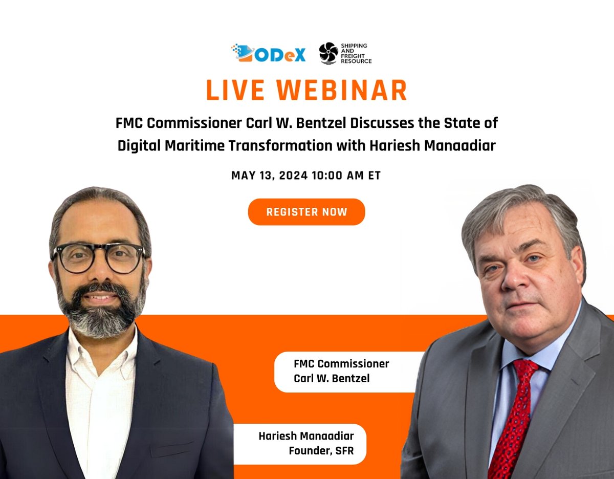 ODeXGlobal's tweet image. Register now: lnkd.in/gff--57C
Join us on May 13th at 10 AM ET for an exclusive webinar featuring Federal Maritime Commission Commissioner Carl Bentzel and maritime logistics expert Hariesh Manaadiar.
#MaritimeDigitalization #Logistics #webinar