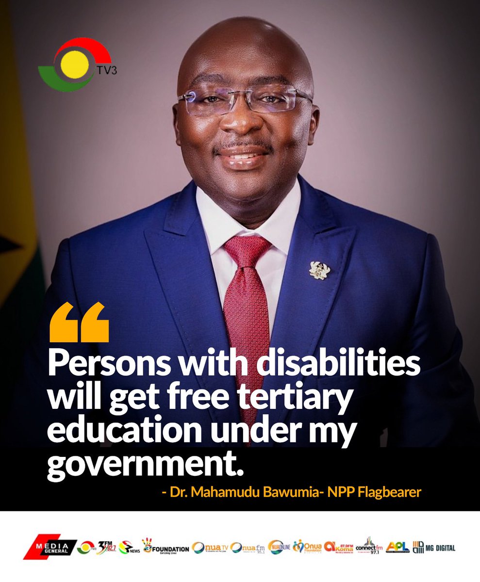 NPP flagbearer Dr Bawumia says persons living with disability will be guaranteed free tertiary education under his tenure.

#TV3GH