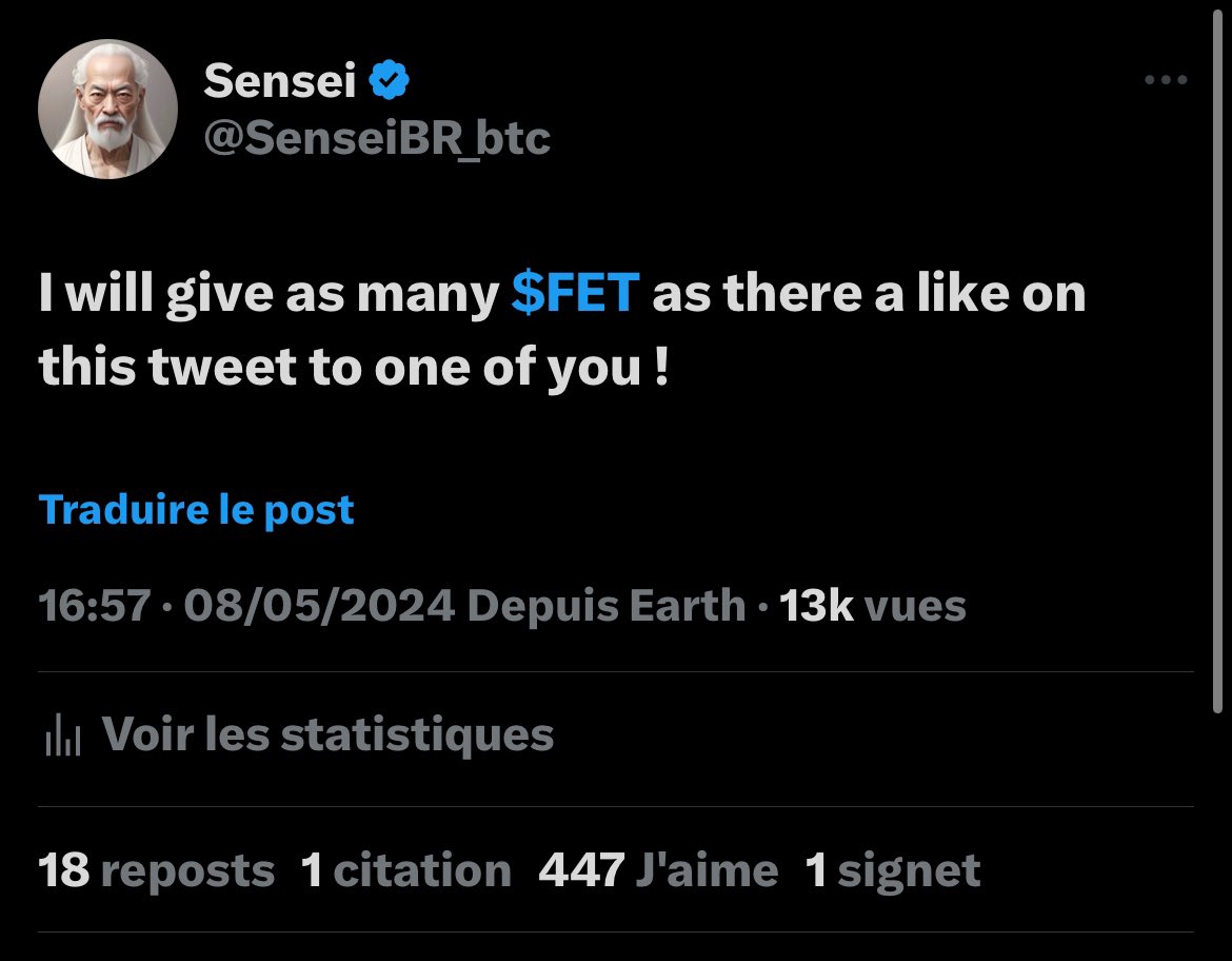 $FET GIVEAWAY 🚨

447 $FET for one of you !

👉 Follow <a href="/SenseiBR_btc/">Sensei</a> 
👉 RT &amp; Like
👉 Comment $FET

72 hours ⏳

GOOD LUCK