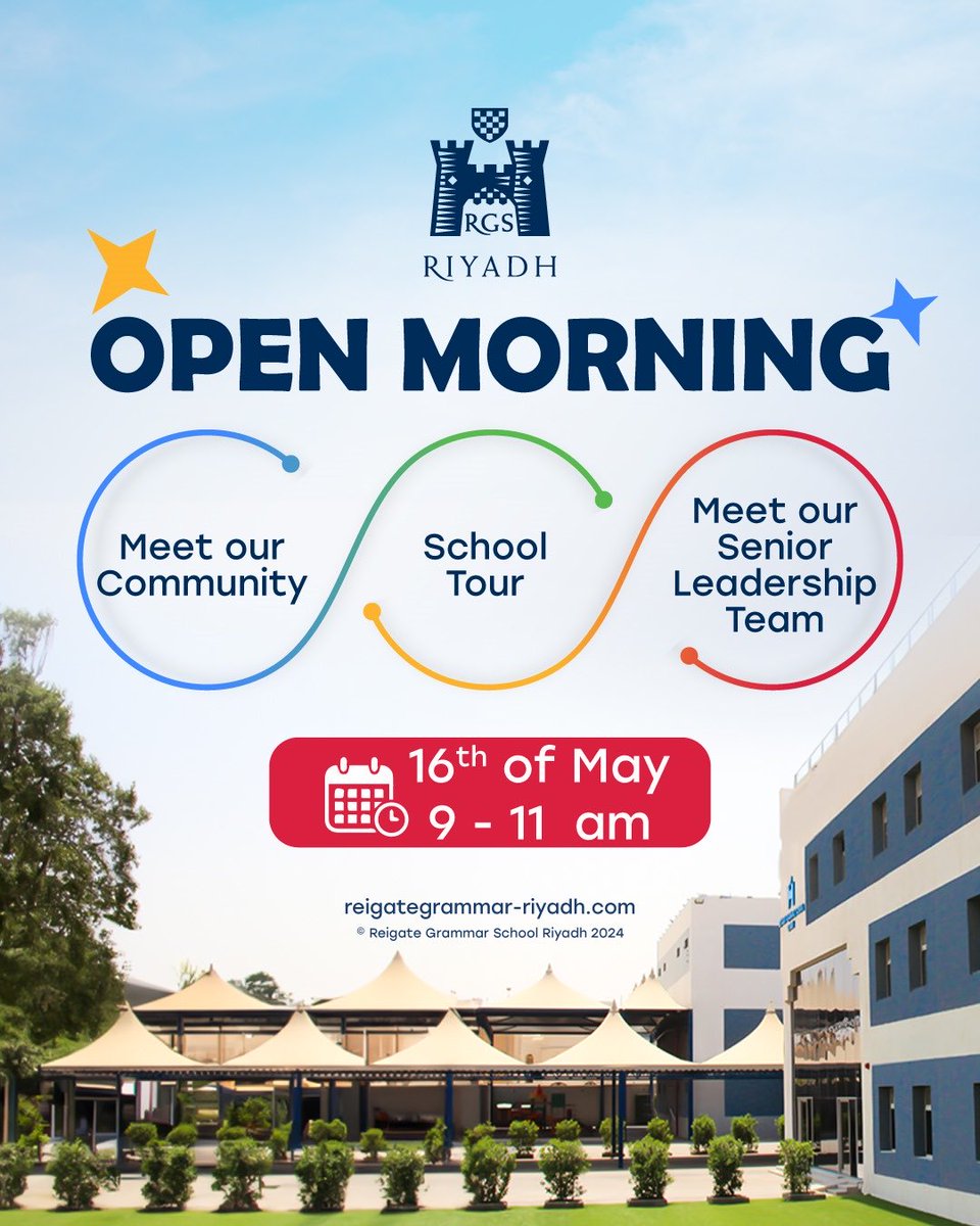 Experience the spirit of RGS Riyadh at our Open Morning! 🌟 Connect with our community, engage with our leadership team, and take a guided tour of our campus. Save the date: May 16th, from 9 AM to 11 AM. We can't wait to welcome you! reigategrammar-riyadh.com/form/elementor…