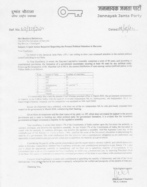 JJP नेता दुष्यंत चौटाला ने हरियाणा के राज्यपाल बंडारू दत्तात्रेय को पत्र लिखकर सरकार को बहुमत साबित करने के लिए फ्लोर टेस्ट कराने की मांग की #Haryana #Congress #DushyantChautalat #BJP #VistaarNews