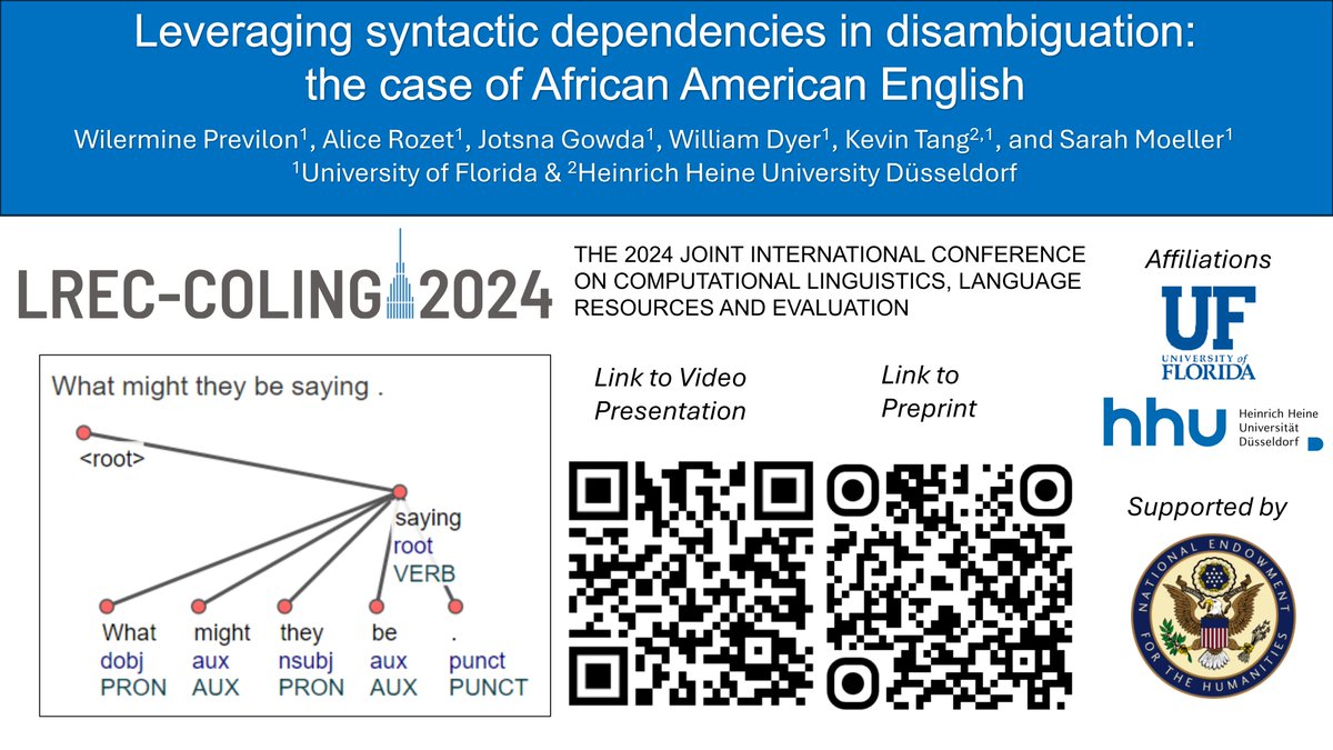 Speech, Lexicon, and Modeling lab (SLaM Lab) (@slamlab_hhu) on Twitter photo Paper🚨"Leveraging syntactic dependencies in disambiguation: the case of African American English" at <a href="/LrecColing/">LREC COLING 2024</a> 2024 by student authors (WP, AR, JG, WD) & senior authors: <a href="/tang_kevin/">Univ.-Prof. Dr. Kevin Tang</a> (<a href="/HHU_de/">Heinrich-Heine-Universität Düsseldorf</a>,<a href="/UFLinguistics/">UFLinguistics</a>) Sarah Moeller (<a href="/UFLinguistics/">UFLinguistics</a>,<a href="/UF/">FLORIDA</a> )🧵unroll. See QR for papers+videos Paper🚨"Leveraging syntactic dependencies in disambiguation: the case of African American English" at <a href="/LrecColing/">LREC COLING 2024</a> 2024 by student authors (WP, AR, JG, WD) & senior authors: <a href="/tang_kevin/">Univ.-Prof. Dr. Kevin Tang</a> (<a href="/HHU_de/">Heinrich-Heine-Universität Düsseldorf</a>,<a href="/UFLinguistics/">UFLinguistics</a>) Sarah Moeller (<a href="/UFLinguistics/">UFLinguistics</a>,<a href="/UF/">FLORIDA</a> )🧵unroll. See QR for papers+videos