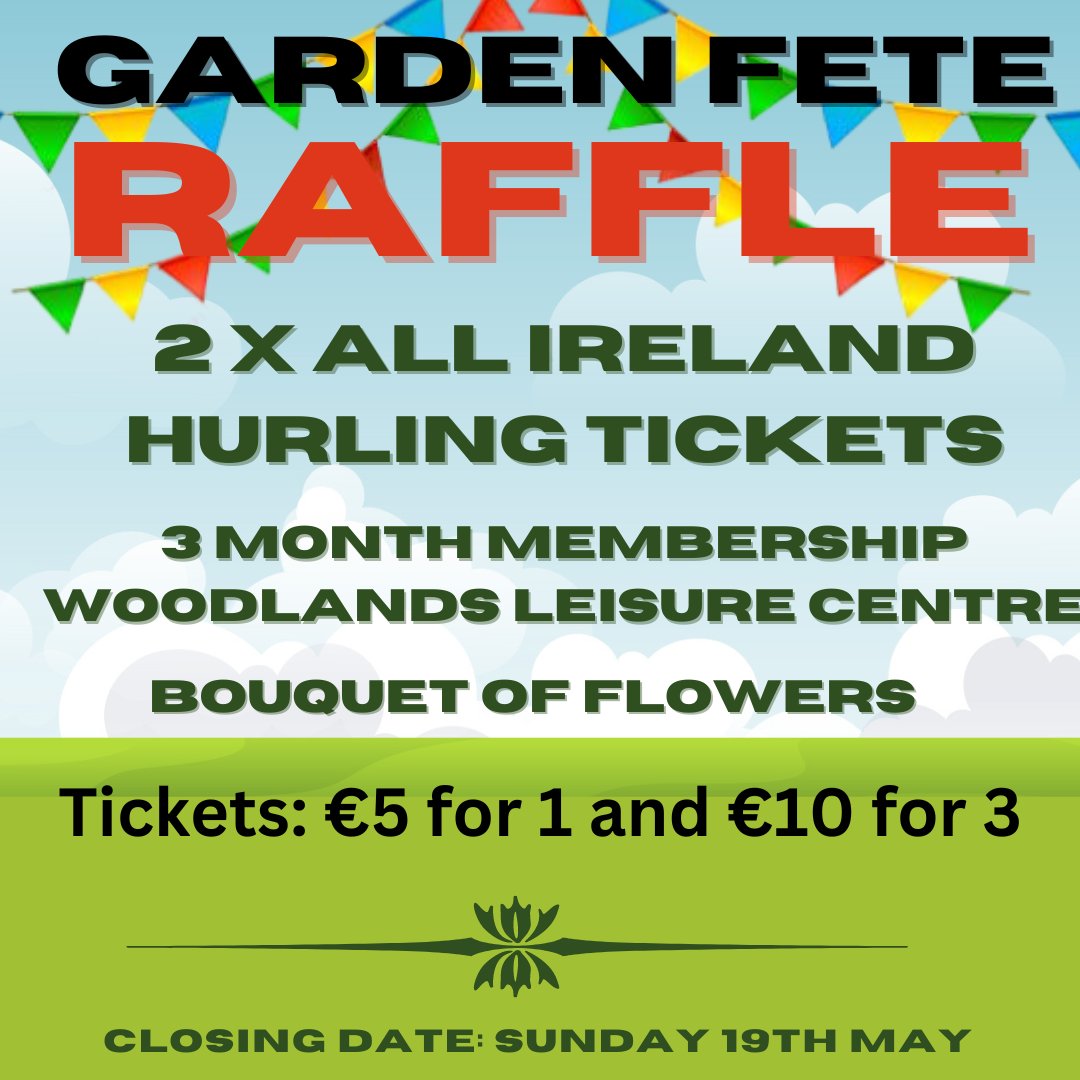 Adare Garden Fete will be running a raffle to support the local charities that will benefit from the day. Click this link to enter: idonate.ie/raffle/AdareGa… Tickets €5 for 1 and €10 for 3 Thanks for your support, it makes a huge difference🌟