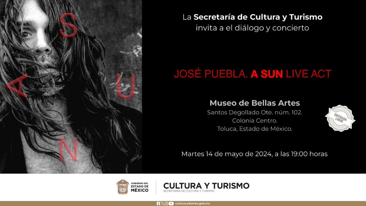 🗣️ Te esperamos en el diálogo y concierto de José Puebla 'A Sun Live Act', que se llevará a cabo este martes 14 de mayo en las instalaciones del @MuseoBArtes, nos vemos en punto de las 19:00 horas.
¡No faltes! 🎶

🎟️ #EntradaLibre