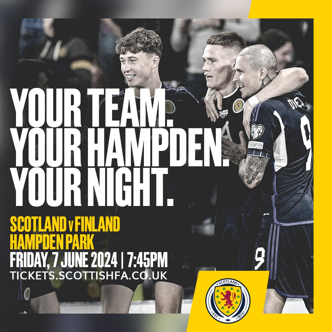 Make sure you're at Hampden Park to send off your team 🏴󠁧󠁢󠁳󠁣󠁴󠁿 🎟️ Tickets for Scotland v Finland available here: tickets.scottishfa.co.uk #SCOFIN