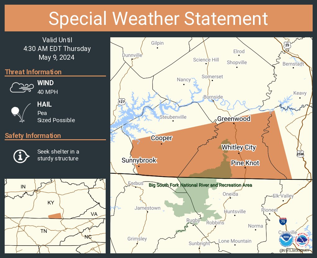 A special weather statement has been issued for Pine Knot KY, Stearns KY and Whitley City KY until 4:30 AM EDT