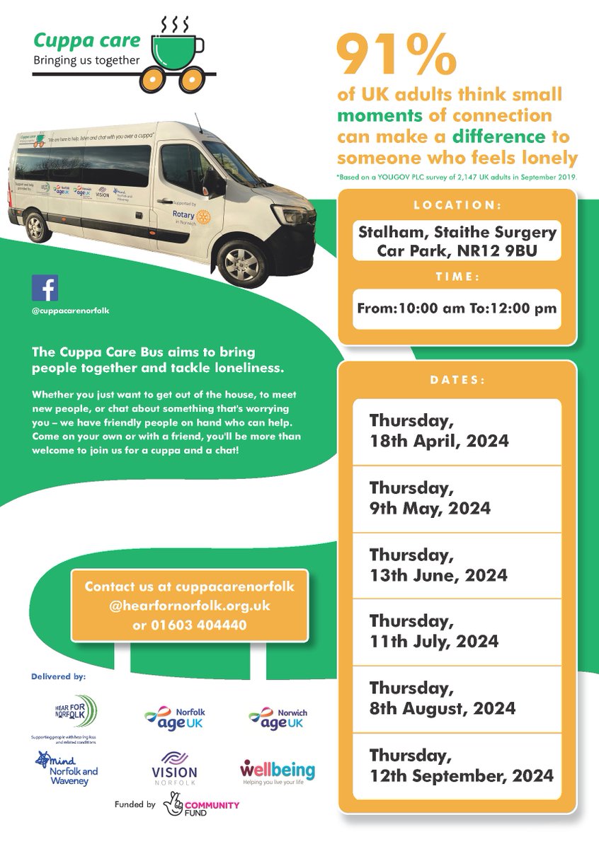 The Cuppa Care bus will be visiting #Stalham & #Ludham today!

Staithe Surgery Car Park: 10am to noon

Ludham Village Hall Car Park, Norwich Rd: 1pm to 3pm

hearfornorfolk.org.uk/cuppa-care/

#cuppacare #health #wellbeing #norfolk