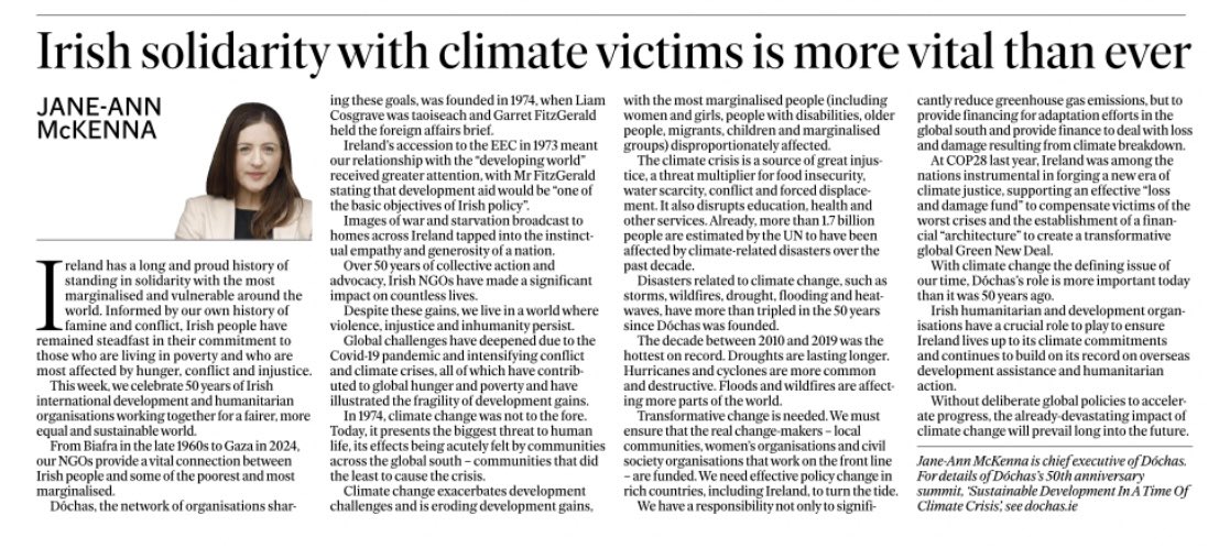 The @Dochasnetwork celebrates its 50th anniversary this year. CEO @JaneAnnMcKenna writes in today’s @Independent_ie that the organisation is more relevant now than ever, with #climatechange the most critical issue facing humanity. #Dochasat50