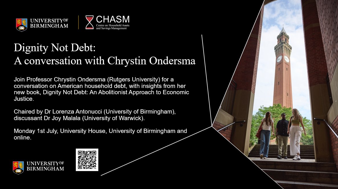 We are pleased to welcome Professor Chrystin Ondersma from @RutgersU to CHASM @unibirmingham! Join us for a conversation with Chrystin on American household debt from her new book Dignity Not Debt: An Abolitionist Approach to Economic Justice. bit.ly/3Wx82UZ