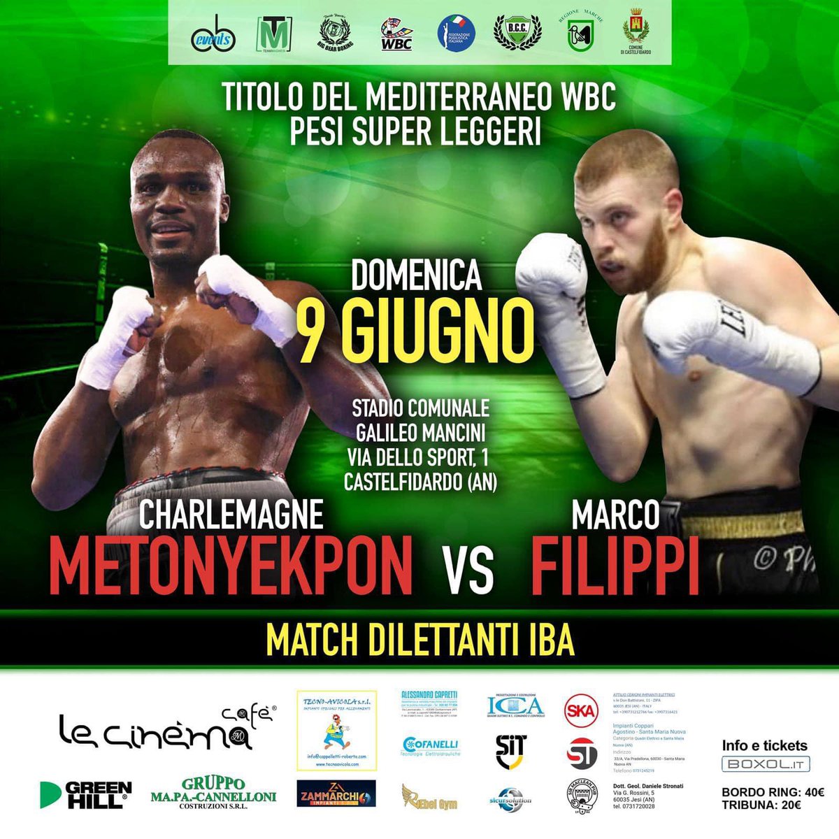 🚨 🚨#Fightnews … 🥊 🏆 Titolo Mediterraneo WBC Pesi SUPERLEGGERI 🥊 Il 9 giugno in quel dello stadio Comunale G. Mancini di Castelfidardo (AN) Charly Metonyekpon e Marco Filippi si sfideranno per la Cintura Mediterraneo WBC dei SUPERLEGGERI. 🥊🇮🇹 Un Grande Derby…