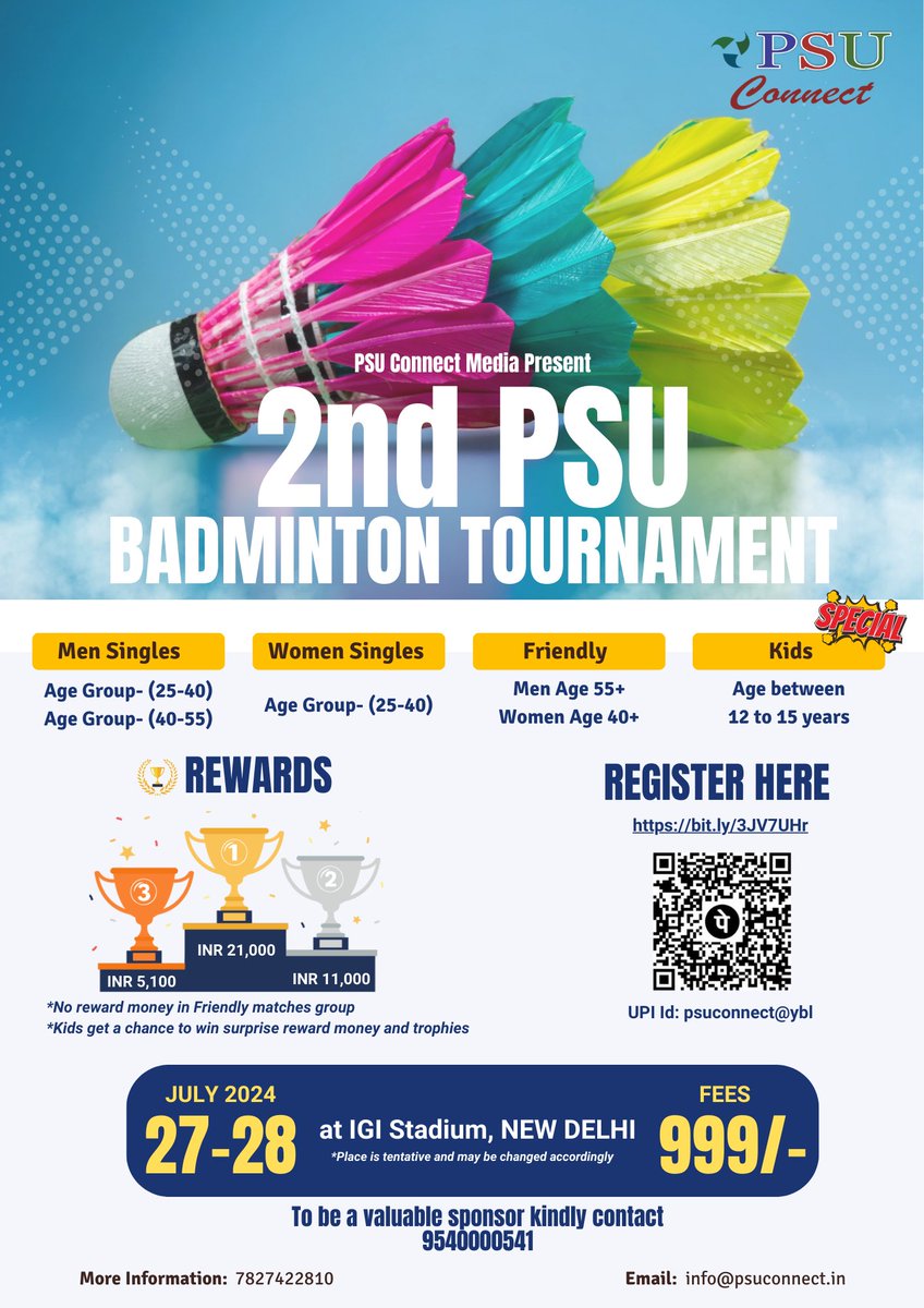 Calling all Badminton Champs! Get ready to smash your way to victory! PSU Connect Media is thrilled to announce the 2nd PSU Badminton Tournament! Register Here: psuconnect.in/tournament/pla… 

#PSUConnectMedia #BadmintonTournament #GetActive #PublicSector #July2024