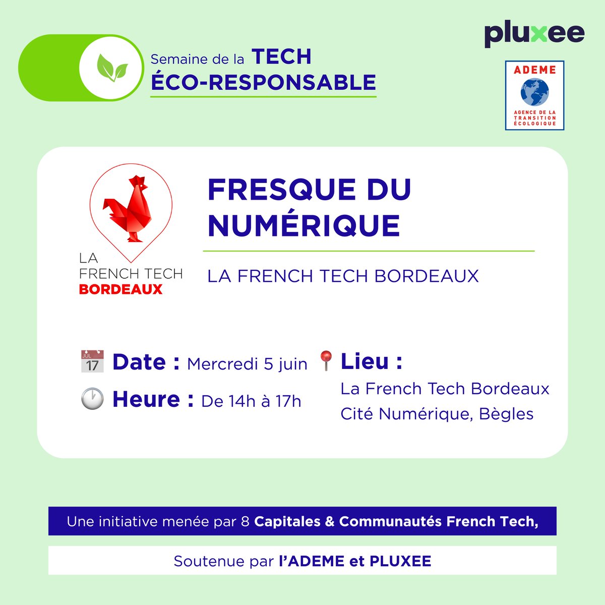 En collaboration avec 8 capitales et communautés #FrenchTech, l’@ademe et  @Pluxee_France, nous organisons une grande Fresque Nationale du Numérique 💻

Objectif 👉 former et sensibiliser plus de 200 startups en France, sur les enjeux environnementaux de la #Tech 🌱

Suite👇