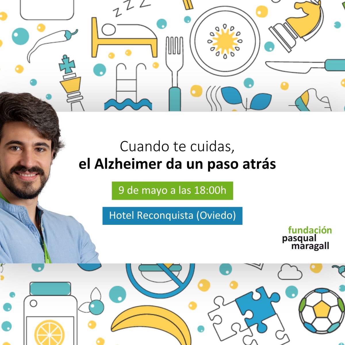 Recuerda que hoy estamos en el Hotel Reconquista de Oviedo a las 18:00h para hablar sobre prevención en Alzheimer 🍏🏃‍♀️💤 y los últimos avances en su investigación 🔬 con el Dr. Chema González.