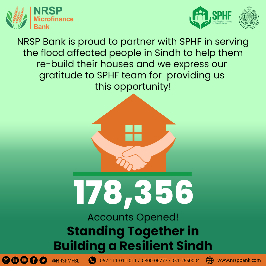 NRSP Microfinance Bank is proud to partner with SPHF in serving the flood affected people in Sindh to help them re-build their houses and we express our gratitude to SPHF team for providing us this opportunity!
#NRSPMFBL #SPHF #SindhPeoplesHousing #RebuildingLives
