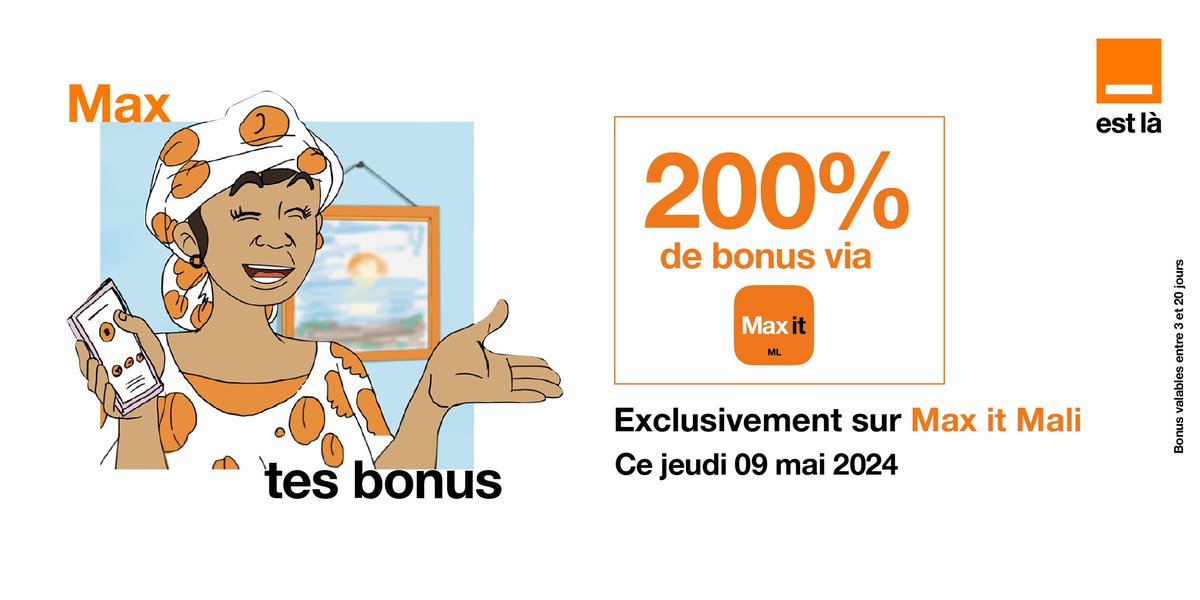 Ce jeudi 09/05, profitez de 200% de bonus sur vos recharges exclusivement via Max it ! Téléchargez l’appli ici twtr.to/Maxit #Maxit #Promo #OrangeMali