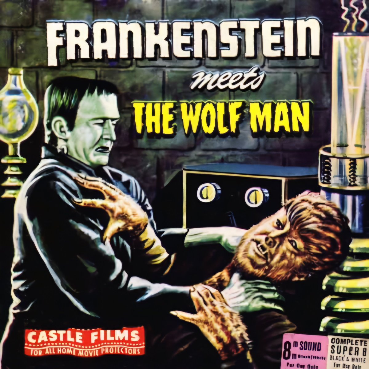 Super 8 box art for #FrankensteinMeetsTheWolfman (1943 - Dir. #RoyWilliamNeill) #LonChaneyJr #BelaLugosi #IlonaMassey #LionelAtwill #PatricKnowles