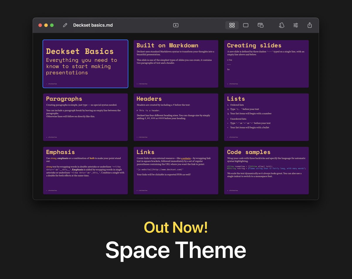 Deckset 2.0.31 for macOS and 1.0.7 for iOS is now out! This update includes a first new theme in a while for us - Space! 🧑‍🚀 We hope you'll enjoy it!