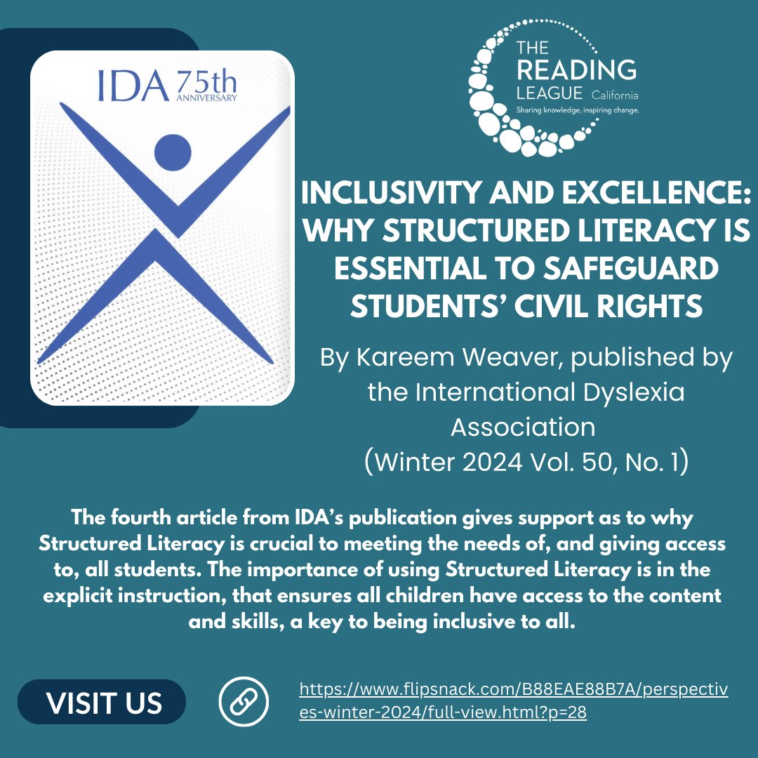 This week we return to the IDA Winter Edition of Perspectives on Language and Literacy.  The fourth article we will focus on is entitled Inclusivity and Excellence: Why Structured Literacy is Essential to Safeguard Students’ Civil Rights.

flipsnack.com/B88EAE88B7A/pe…