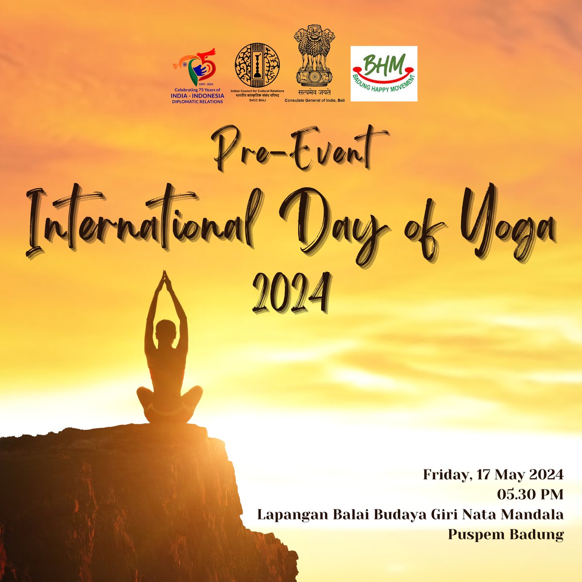 Road to pre-event #IDY in Bali's regencies. You are cordially invited to join us in the first event of Yog yatra in Badung Regency. Experience authentic Indian yoga and peace of mind by joining our yoga event on Friday, 17/05/24 in Puspem Badung at 5.30PM. #75indiaindonesia