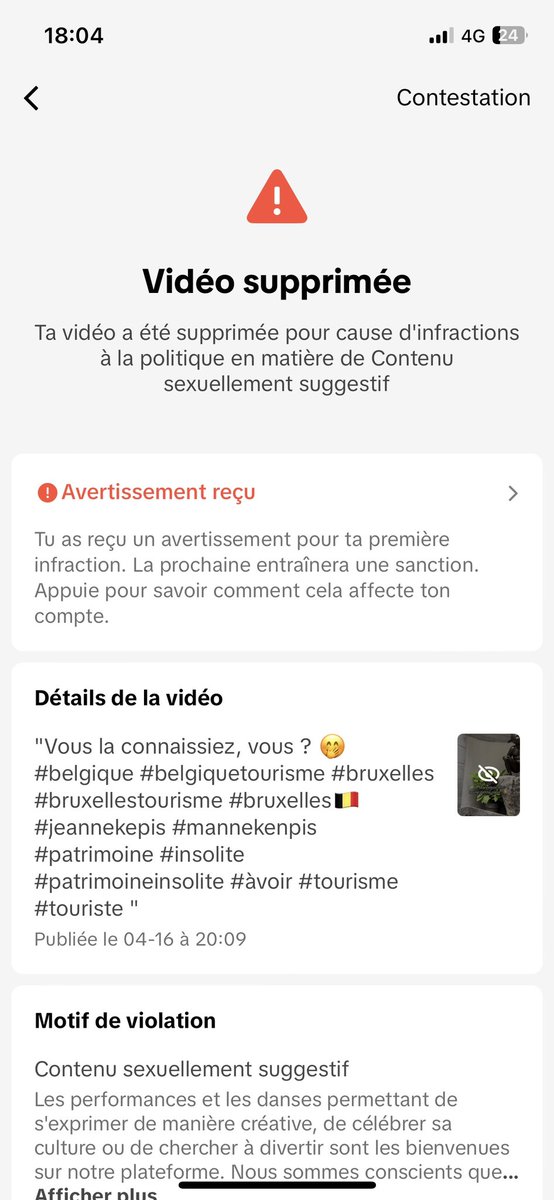 Je suis furieuse : <a href="/tiktok_France/">TikTok France</a> a supprimé ma vidéo de la Jeanneke-Pis (vous savez, cette statue bruxelloise de petite fille qui fait pipi) car elle était, je cite, « sexuellement suggestive » !! 😳😡