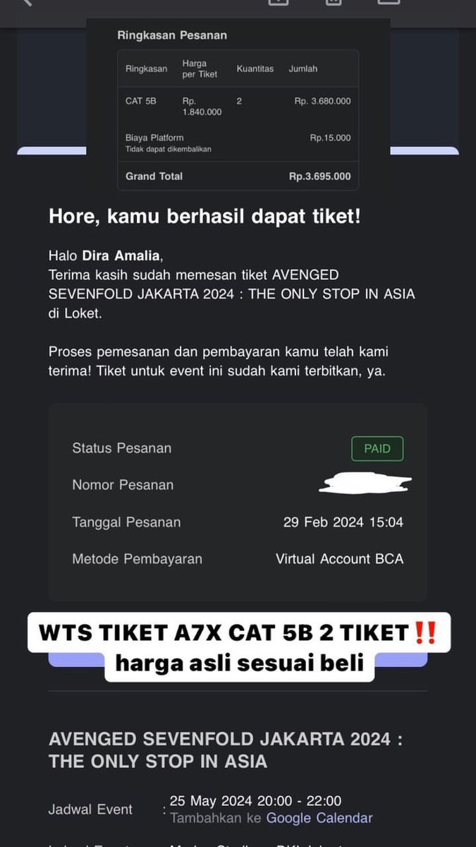 WTS TICKET AVENGED SEVENFOLD A7X JAKARTA 2024 CAT 5B 2 TICKETS HARGA SESUAI YANG DI BELI !!!