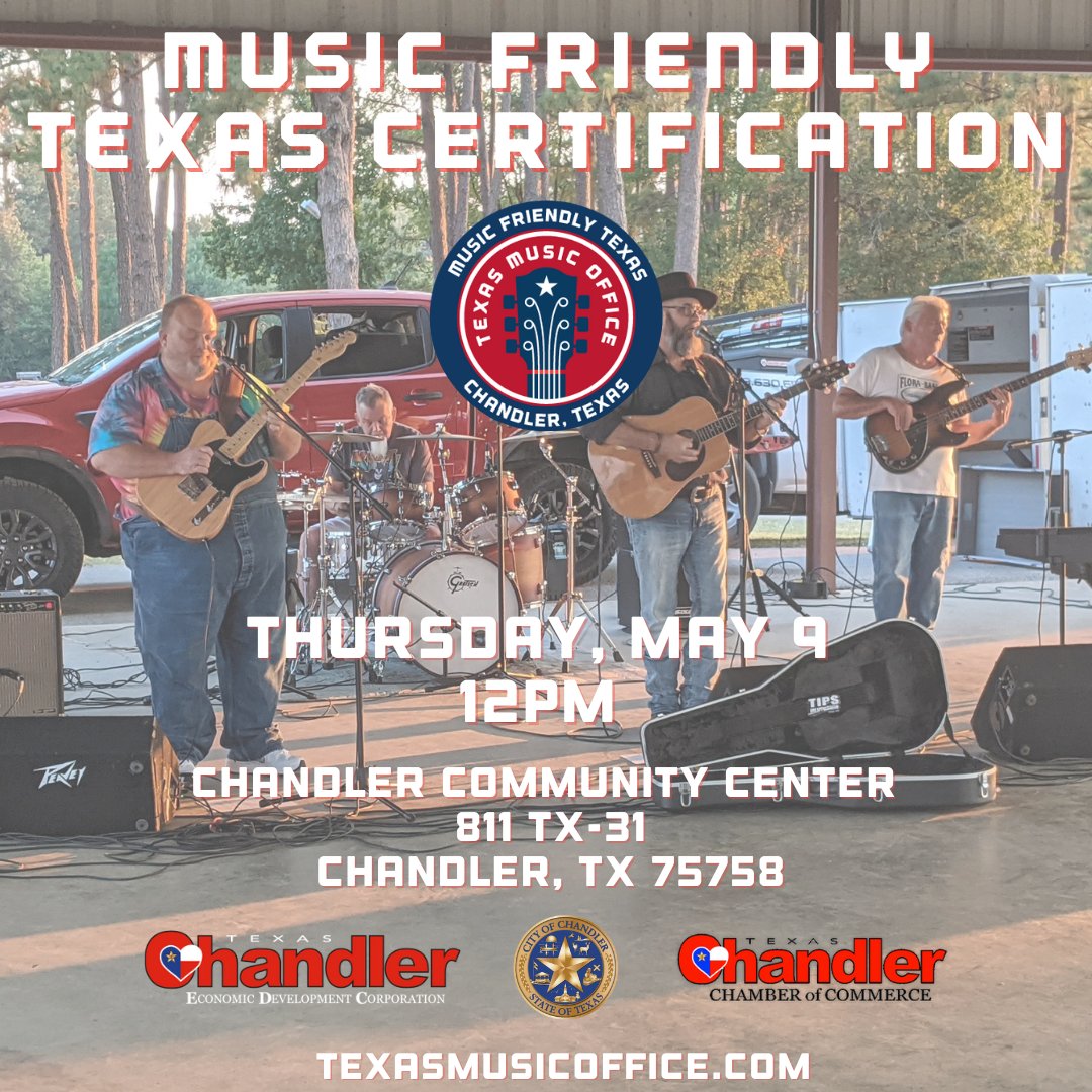 TODAY AT 12PM, don't miss the City of @ChandlerTexas @MusicFriendlyTX Certification Ceremony as they become the 60th! City in Texas to receive the MFT Designation from the TMO! #ChandlerTX #MusicFriendlyTexas
