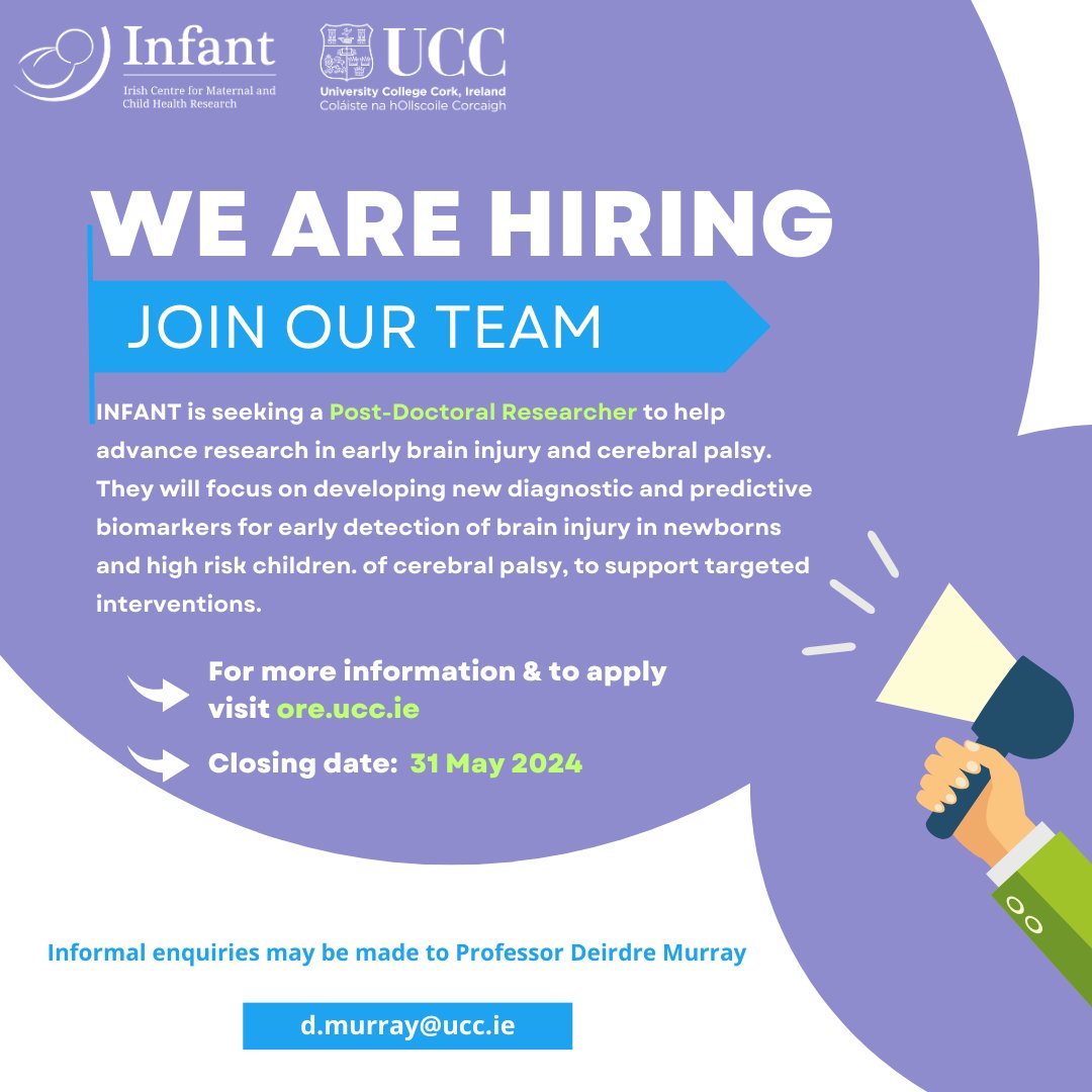 Exciting job opportunity here at INFANT 🧚‍♀️ Applications are open for a #PostdoctoralResearcher to join the team and help advance research in early brain injury and cerebral palsy. Applications close: 31 May 2024 ➡ Interested? More info: infantcentre.ie/2024/05/09/we-…