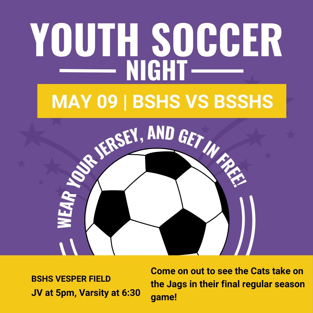 Tonight is our last regular season game for Varsity and the last game of the season for JV!  Youth soccer players can wear their jersey and get into the game for free.  It is going to be a good one tonight!  JV kicks off at 5 and Varsity at 6:30.  #letsgocats #usagainstyou