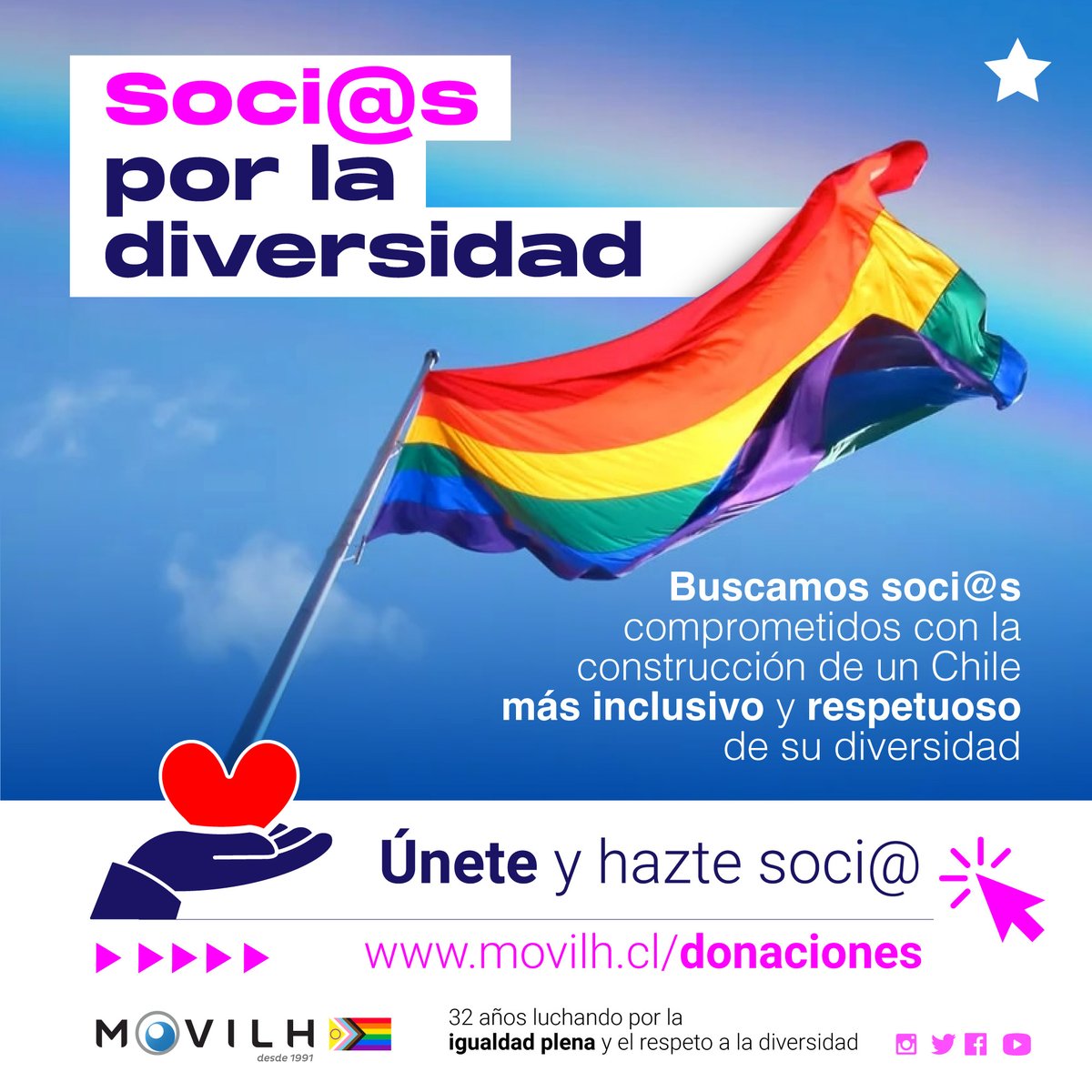 Ayúdanos a seguir brindando asesoría gratuita a las personas LGBTIQ+ que sufren discriminación y a continuar con el acceso liberado a eventos culturales, como el Festival de Cine y Santiago Parade. 🏳️‍⚧️🏳️‍🌈Hazte socix o apoya con un aporte único aquí: movilh.cl/donaciones/