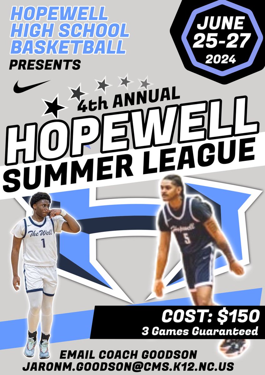 Looking for 3 more high level teams to compete.. Hopewell Summer League June 25 - 27 3 games guaranteed, 4th would be Championship game. Cost: $150