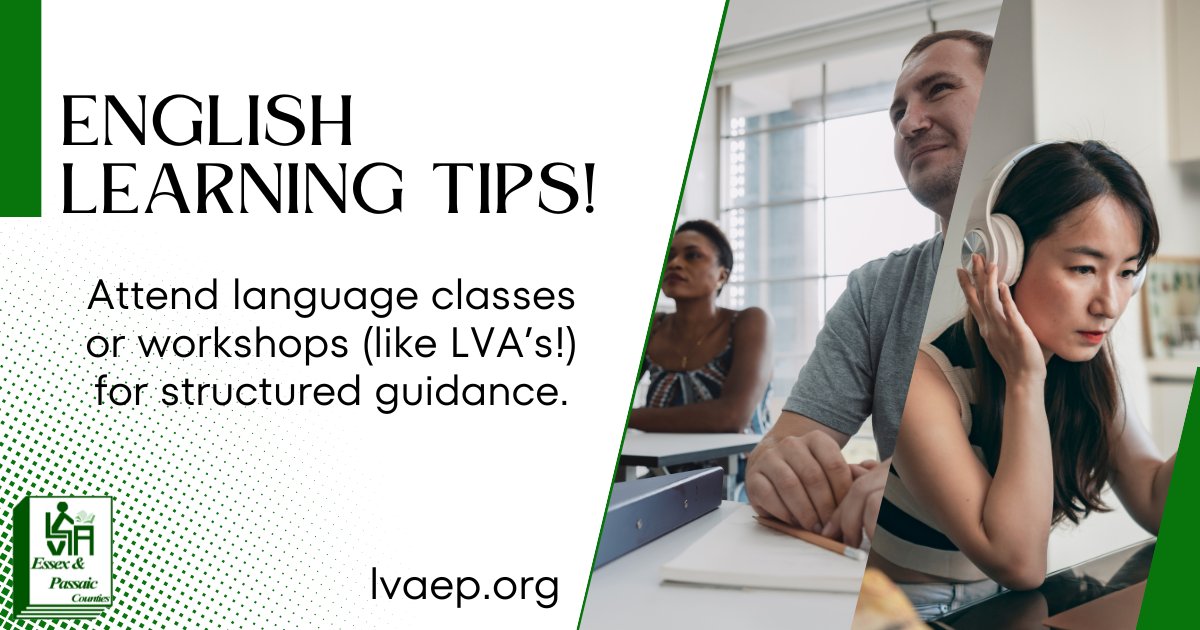 #ESLTips: 'Attend language classes or workshops (like LVA’s!) for structured guidance.'
Share these #weeklytips! Looking to #LearnEnglish? Reach out: lvaep.org 
Are you an English speaker? Consider volunteering!
#esllearning #esltips #AdultLearning #literacy