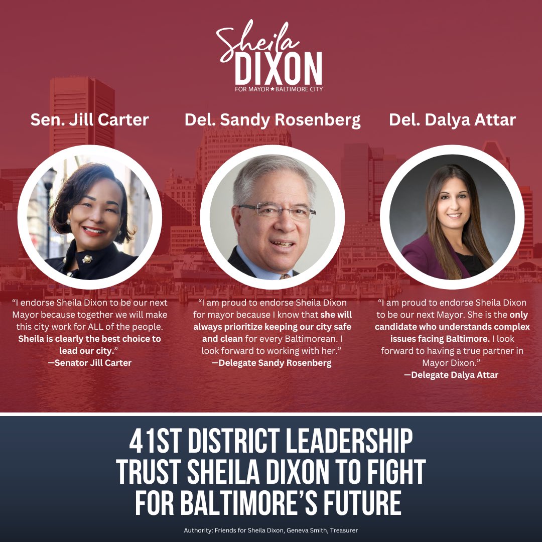 Sheila Dixon (@sheiladixonbalt) on Twitter photo I’m proud to have the endorsement of groundbreaking leaders in the 41st District like <a href="/jillpcarter/">Sen. Jill P. Carter Emeritus</a>, <a href="/delsandy/">Sandy Rosenberg</a> and <a href="/dalyaattar41/">Delegate Dalya Attar</a>.
I look forward to being their partner in City Hall as we work to build a cleaner, safer and more prosperous Baltimore. I’m proud to have the endorsement of groundbreaking leaders in the 41st District like <a href="/jillpcarter/">Sen. Jill P. Carter Emeritus</a>, <a href="/delsandy/">Sandy Rosenberg</a> and <a href="/dalyaattar41/">Delegate Dalya Attar</a>.
I look forward to being their partner in City Hall as we work to build a cleaner, safer and more prosperous Baltimore.