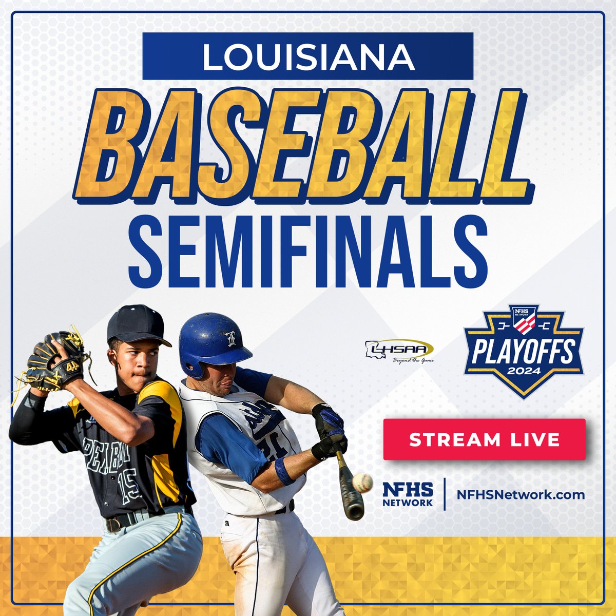 @LHSAAsports Don't miss any of the action from the 2024 LHSAA Baseball Semifinals live on the #NFHSNetwork today! ⚾ Watch live through the OFFICIAL link here: bit.ly/3tVJrNo ✅