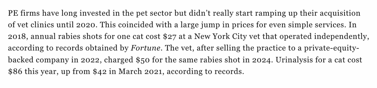 Fascinating piece by @LuisaRBeltran on the dramatic shift in veterinarian care due to the entry of private equity over the past few years. Results have been mixed, to say the least: fortune.com/2024/05/09/pri…