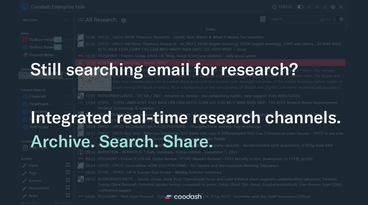 Coodash clients are using real-time research aggregation channels:

Easily monitor all your incoming reports in real-time.
Fast search with full document indexing.
Properly archived with discoverable history.
Aggregated or single provider channels.
Team sharing (subject to