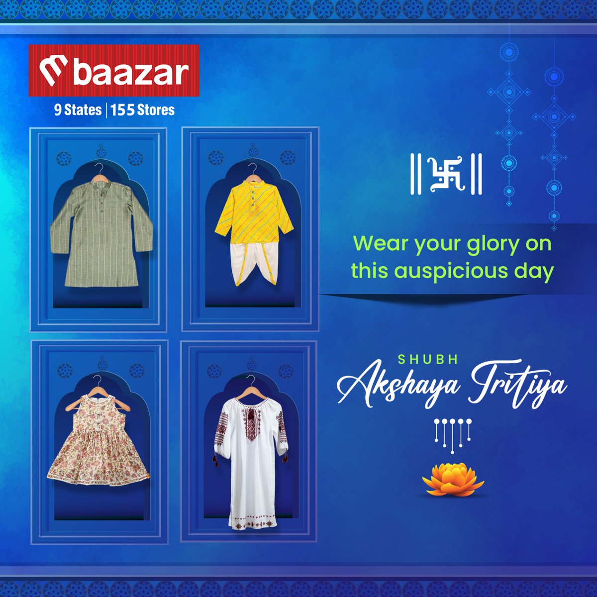 Embrace the tradition and adorn yourself in elegance this Akshaya Tritiya. May this auspicious occasion bring you everlasting happiness, success, and good fortune. #MBaazar #thefashionstore #shoppingatmbaazar #comfortableclothing #fashionista #AkshayaTritiya #Festival #Greetings