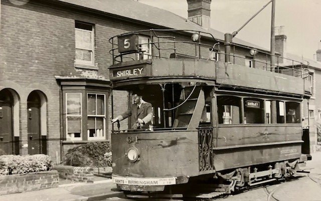 Away from Southampton's town centre trams look larger! Bound for Shirley, this one is advertising a Saints v Birmingham match on its front bumper. @HistoricalSoton @SotonianHistory @SotonStories @SouthamptonHid1