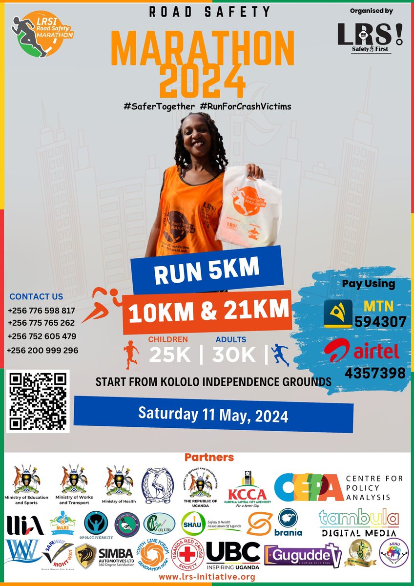 Safe journey, happy life! We aim to be #SafeTogether as we #RunForCrashVictims! Be part of this initiative on Saturday May 11, 2024 at📍Kololo Independence Grounds! We are your Official Transport partners! @lrsinitiative