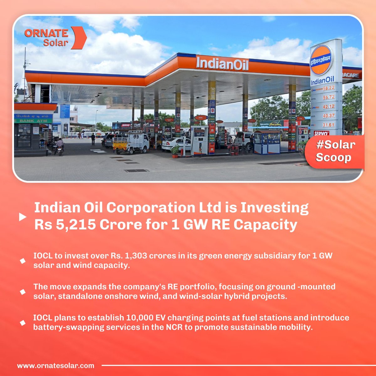 Indian Oil Corporation Ltd plans to invest Rs.5,215 Crore in Renewable Energy & setup 10,000 EV Charging Points.  

Get the full scoop here 👇🏽
.
. 

#OrnateSolar #Solarscoop #Renewableenergy