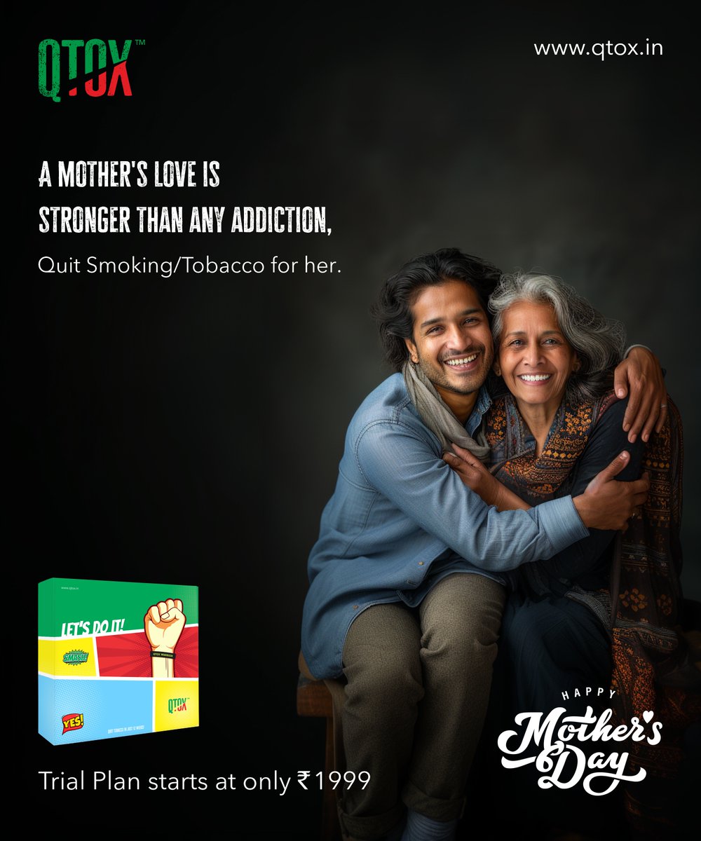 'Quitting smoking as a gift to your mother on Mother's Day is a meaningful and heartfelt gesture that she can never forget. 🎁❤️

#mothersday #quitsmoking #qtox #mothersdaygift #smokefree #MoneyBackGuarantee #India2024 #FitIndia #WellnessJourney #QuitCigarette #qtox #qtoxwellness
